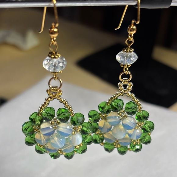 Hand crafted earrings creamy white and green beads 3 inches - Picture 3 of 3